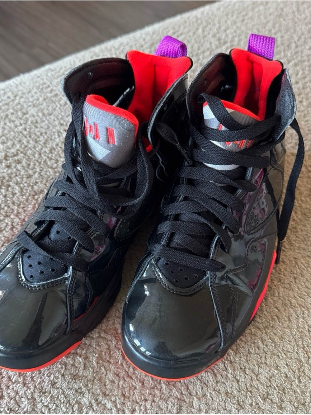 Jordan Black Patent High-Top Sneakers with Red and Purple Accents